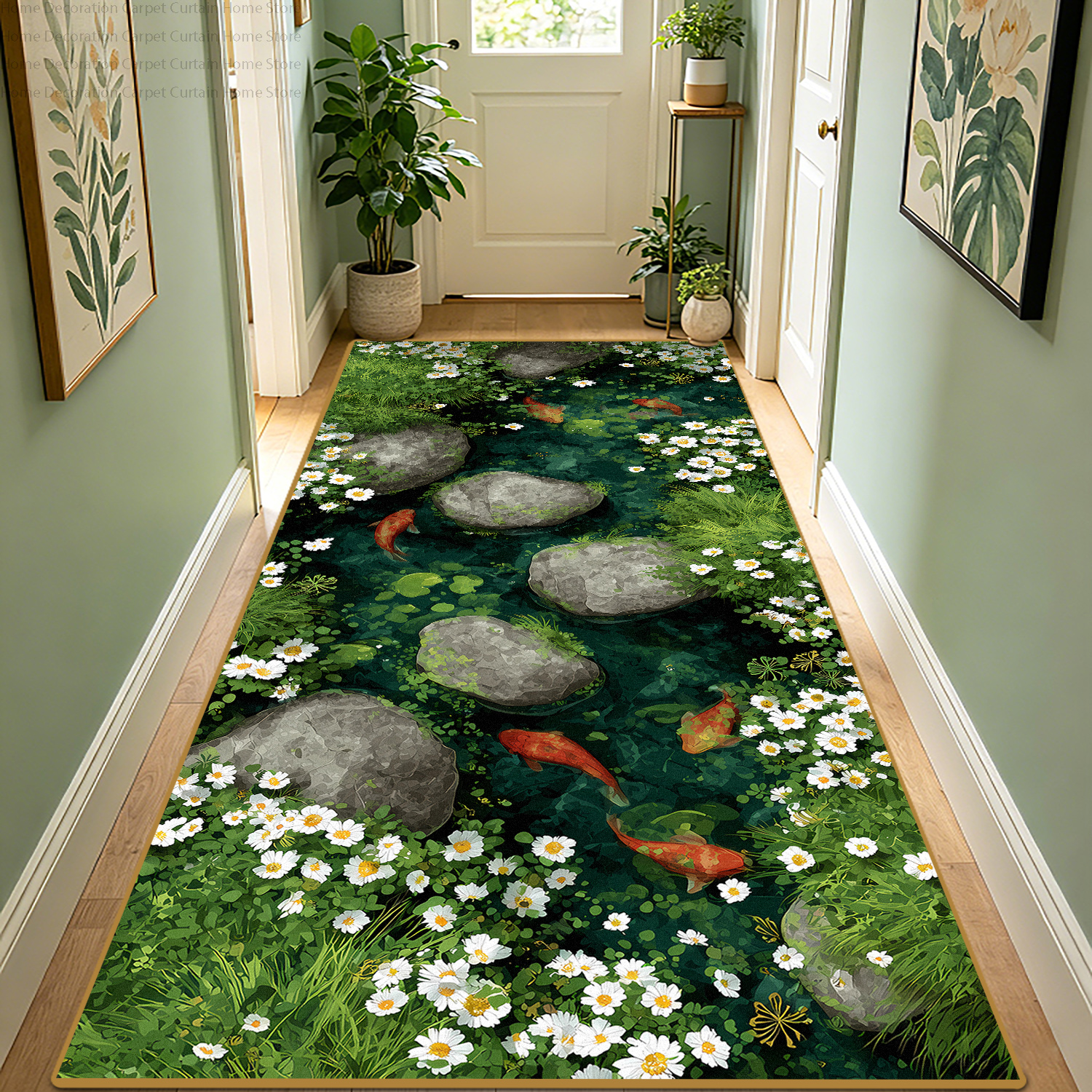Commercial Kitchen Door - 3D Moss Stone Koi Fish Floral